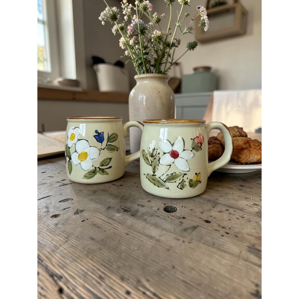 Vintage Festival Stoneware Mugs - Set of 2 - Hand Painted Floral Korea